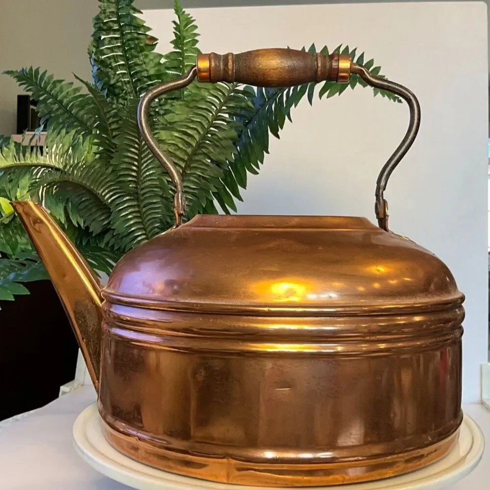 Vintage Solid Copper Tea Kettle Tea Pot Wood Handle No Lid Farmhouse Decor
